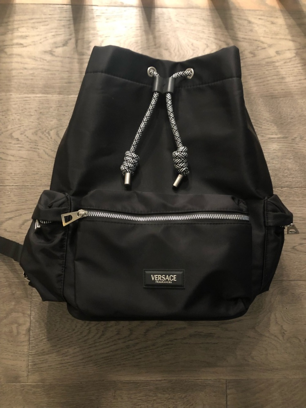 Versace Black Drawstring Backpack with Silver Hardware - NEVER USED